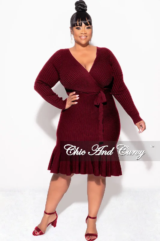 Final Sale Plus Size Faux Wrap Ribbed BodyCon Dress with Waist Tie and Bottom Ruffle in BurgundyWomen's sleeveless tops