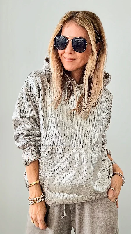 On Tour Metallic Hoodie Sweater-SilverMetallic Knit Tops