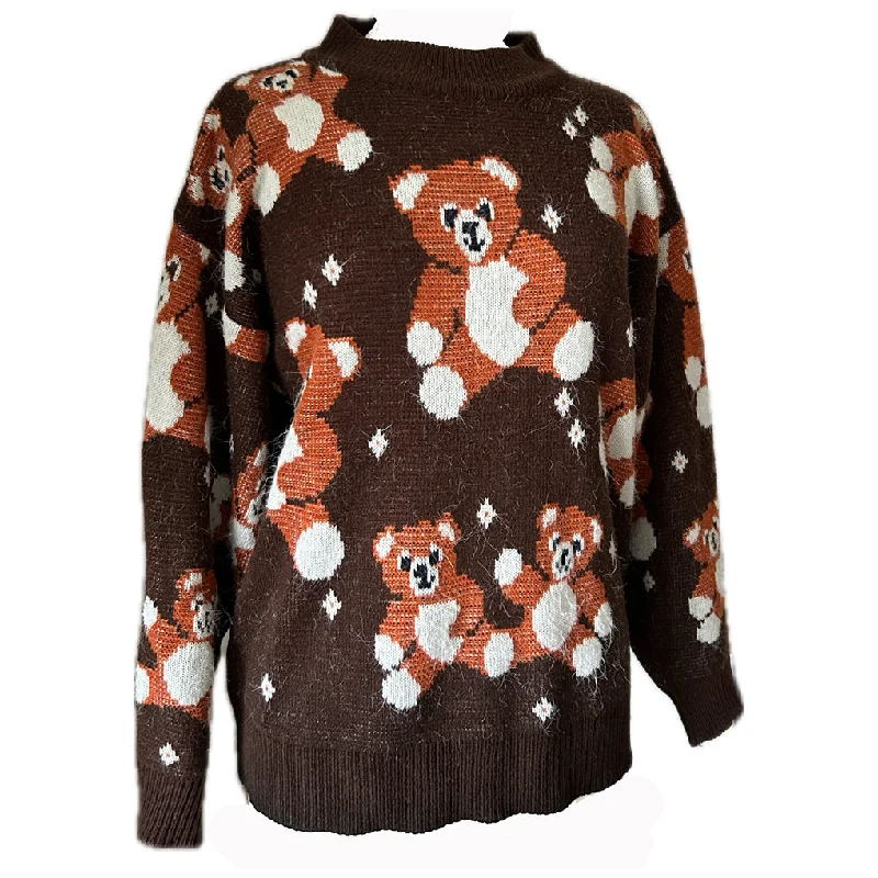 Cuddly brown knitted teddy bear instarsia vintage 1980s sweaterCrewneck Knit Tops