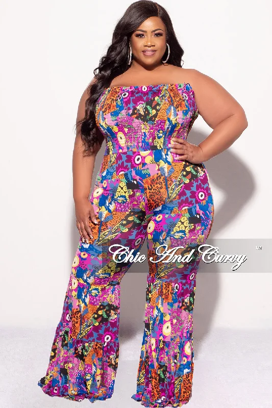 Final Sale Plus Size Tiered Strapless Jumpsuit in Fuchsia and Royal Blue Multi Color Mix PrintWomen's outdoor tops