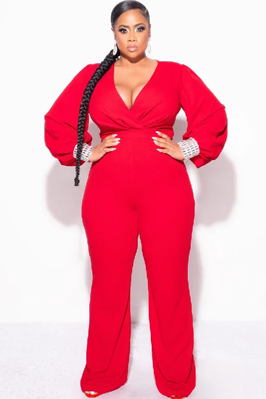 Final Sale Plus Size Faux Wrap Collar Jumpsuit with Sheer Sleeves and Rhinestone Cuffs in RedLarge women's velvet tops