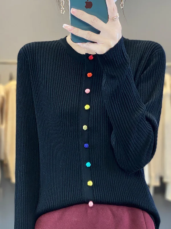 Women Autumn Colorful Button O-Neck Cotton SweaterWool Knit Tops