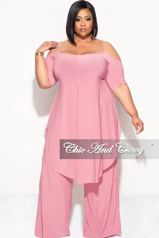 Final Sale Plus Size 2pc Cold Shoulder High low Top and Wide Leg Pants in PinkPlus size women's denim tops