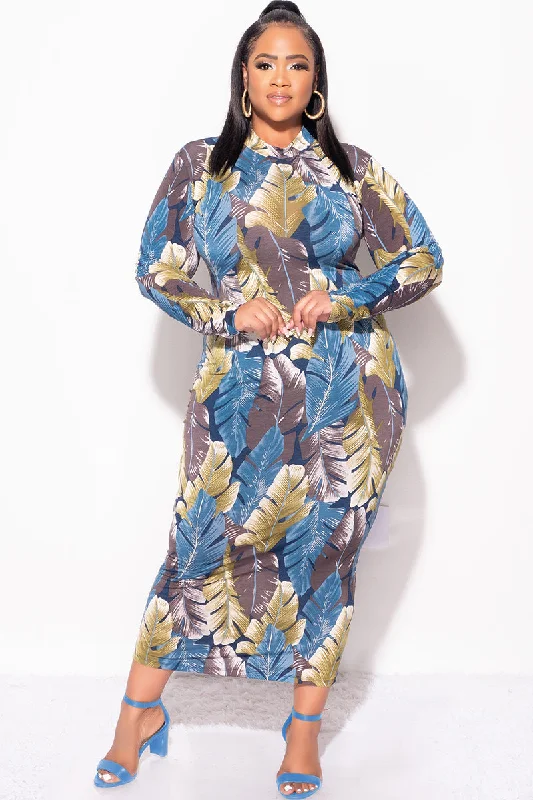 Final Sale Plus Size Reversible BodyCon Midi Dress in Leaf PrintPlus size women's patchwork tops