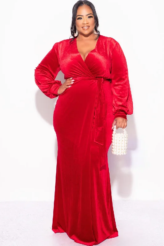 Final Sale Plus Size Faux Wrap Gown with Tie Belt in Red VelvetKnit Shirt