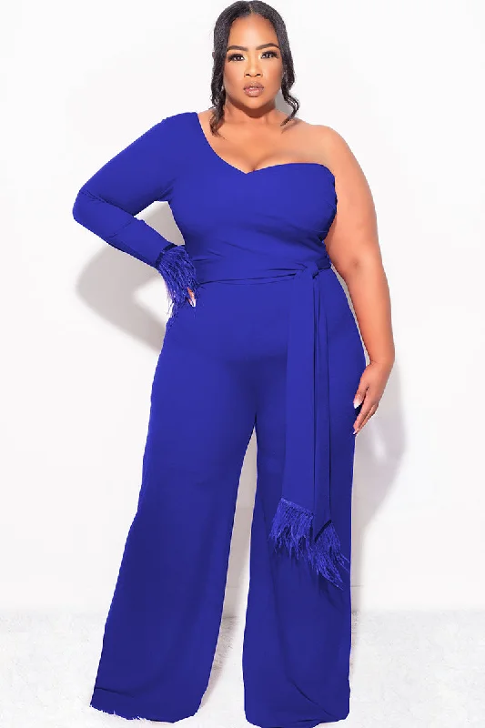 Final Sale Plus Size One Shoulder Long Sleeve Feather Cuff Jumpsuit with Tie in Royal BluePlus size women's denim tops