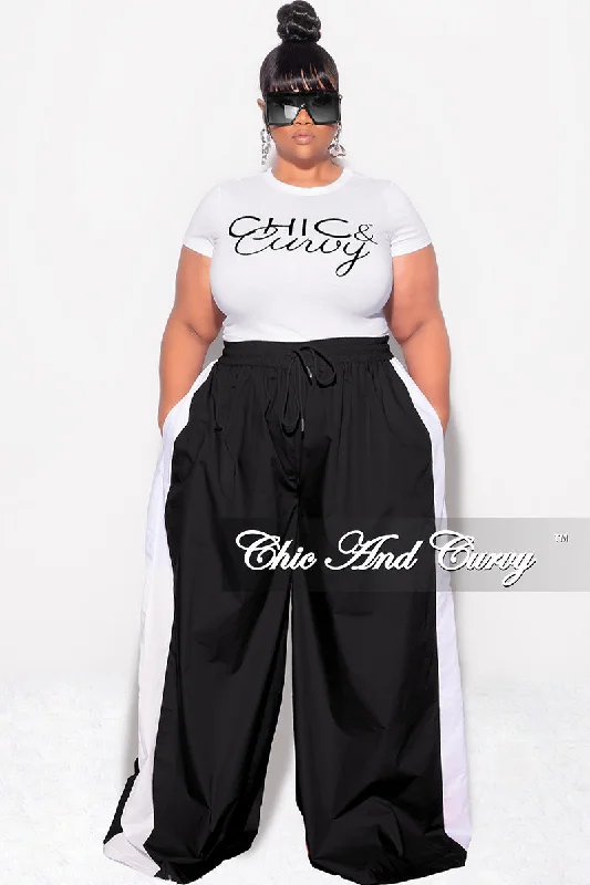 Final Sale Plus Size Oversized Varsity Striped Wide Leg Pants in Black and WhiteWomen's party tops