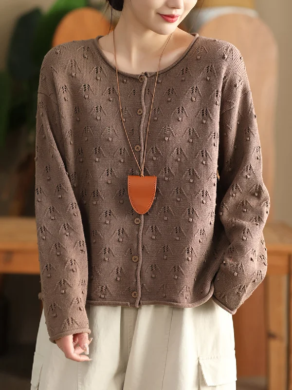 Women Autumn Perforated Knit O-Neck Cotton SweaterAcrylic Knit Tops