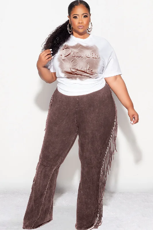 Final Sale Plus Size High Waist Fringe Trim Pants in Brown Mineral Wash Print JerseyPlus size women's street style tops