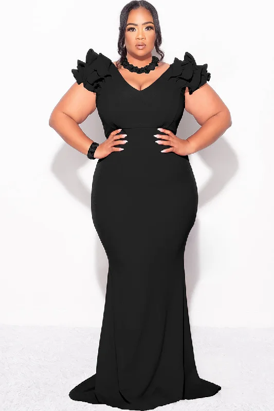 Final Sale Plus Size Gown with Layered Sleeves in Solid Black  (Non-Glitter Fabric)Large women's stretch tops