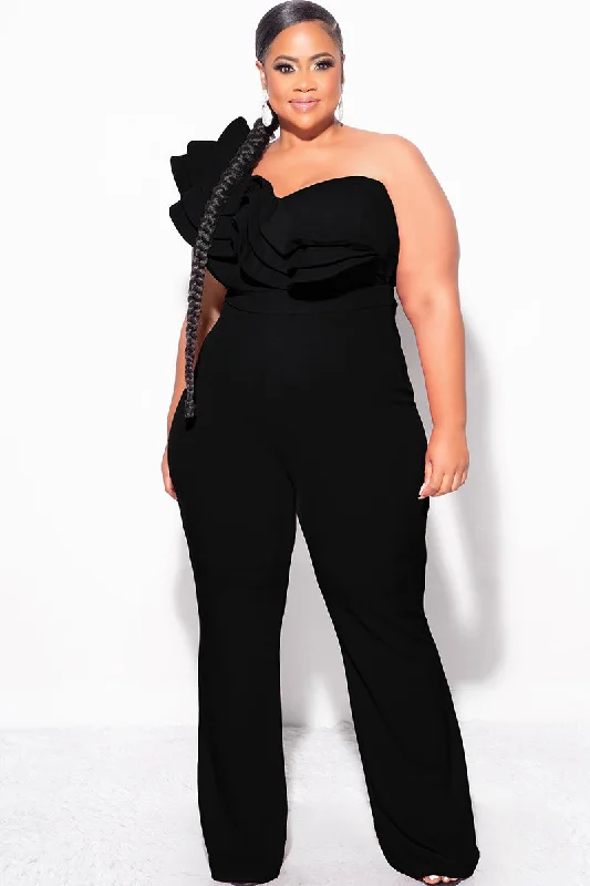 Final Sale Plus Size One Shoulder Ruffle Trim Jumpsuit in BlackPlus size women's simple tops