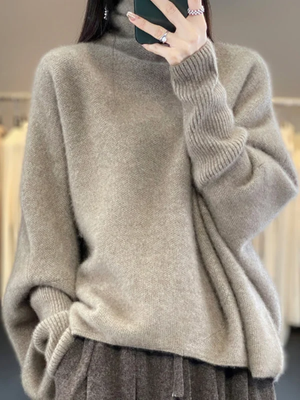 Women Winter Batwing Sleeve Turtleneck Wool SweaterButton-Up Knit Tops