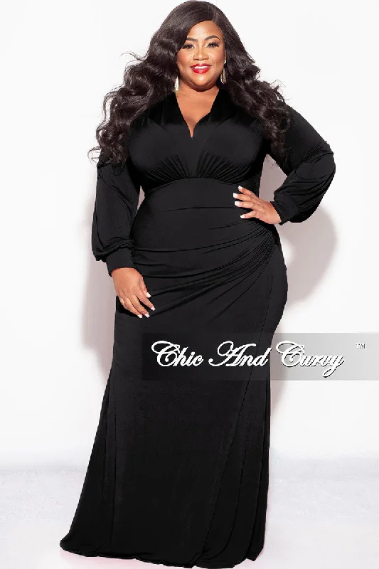 Final Sale Plus Size V-Neck Gown with Ruched Overlay in BlackLarge women's stretch tops