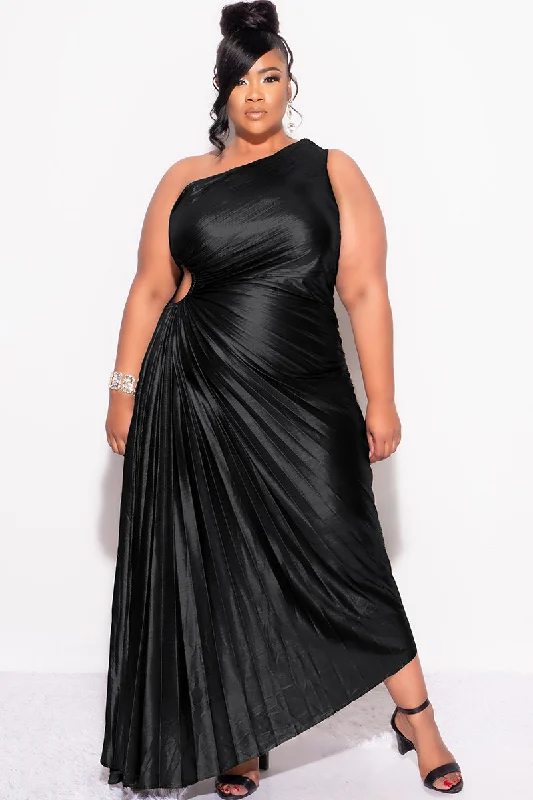 Final Sale Plus Size One Shoulder Asymmetric Pleated Dress with Cut Out in Metallic BlackLarge women's anti-static tops