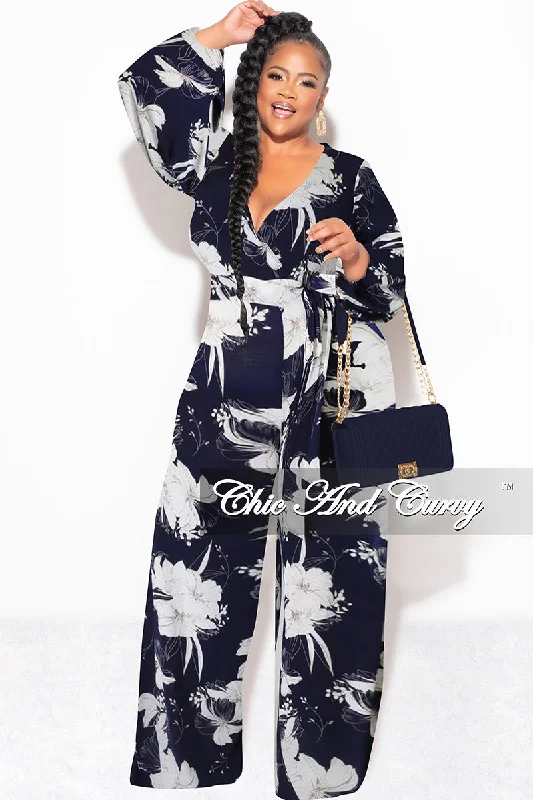 Final Sale Plus Size Faux Wrap Jumpsuit with Waist Tie in Navy and White Floral PrintWomen's thin tops