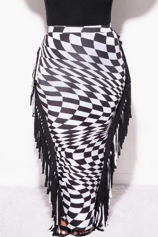 Final Sale Plus Size High Waist Fringe Trim Pencil Skirt in Checkered PrintWomen's home tops