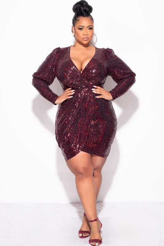 Final Sale Plus Size Faux Wrap Long Sleeve Sequin BodyCon Dress in Burgundy HologramFashionable plus size women's tops