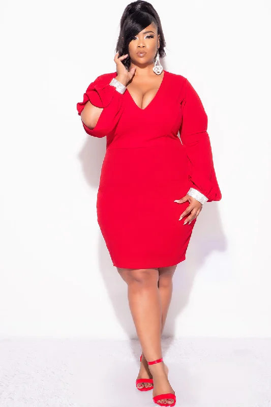 Final Sale Plus Size BodyCon Dress with Slit Sleeves and Rhinestone Cuff in RedWomen's dating tops