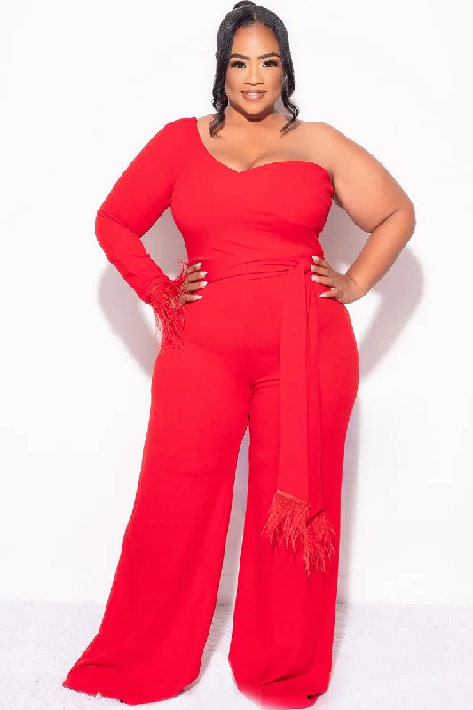 Final Sale Plus Size One Shoulder Long Sleeve Feather Cuff Jumpsuit with Tie in RedPlus Large women's linen tops