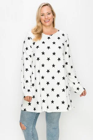 White Star Print Lightweight Sweatery Material Shirt TopOrganic Cotton Knit Tops