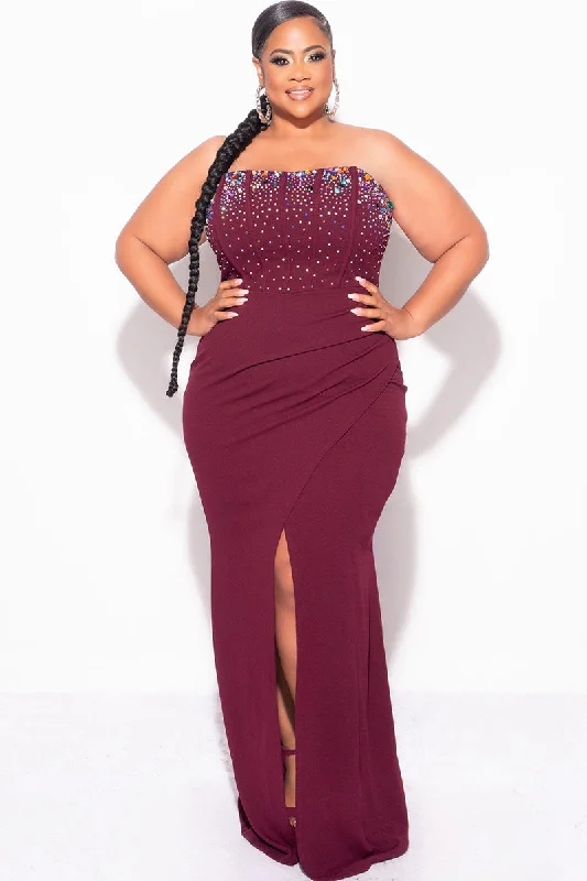 Final Sale Plus Size Strapless Multi Color Rhinestone Gown in PlumPlus size women's patchwork tops