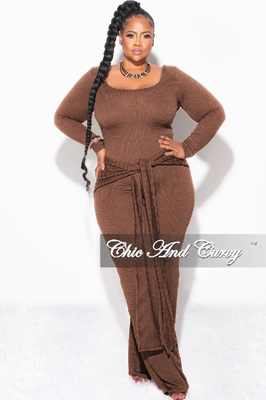 Final Sale Plus Size Ribbed Jumpsuit with Attached Tie in BrownLarge women's polyester tops