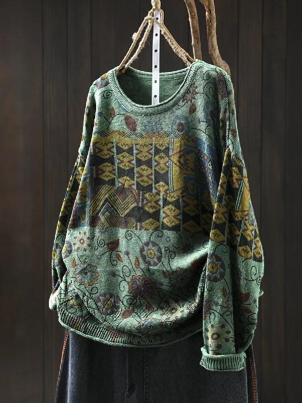 Women Autumn Ethnic Flower O-Neck Knit SweaterAsymmetrical Knit Tops