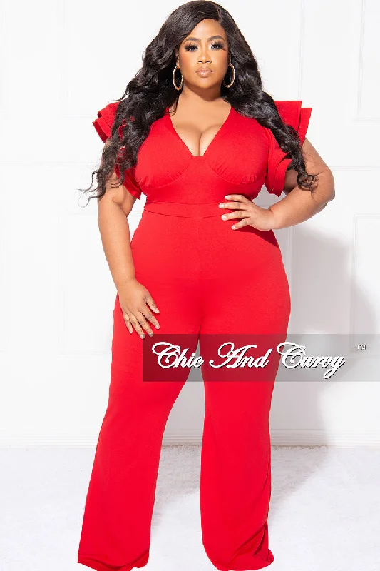 Final Sale Plus Size V-Neck Jumpsuit with Ruffle Sleeves in RedPlus size women's elegant tops