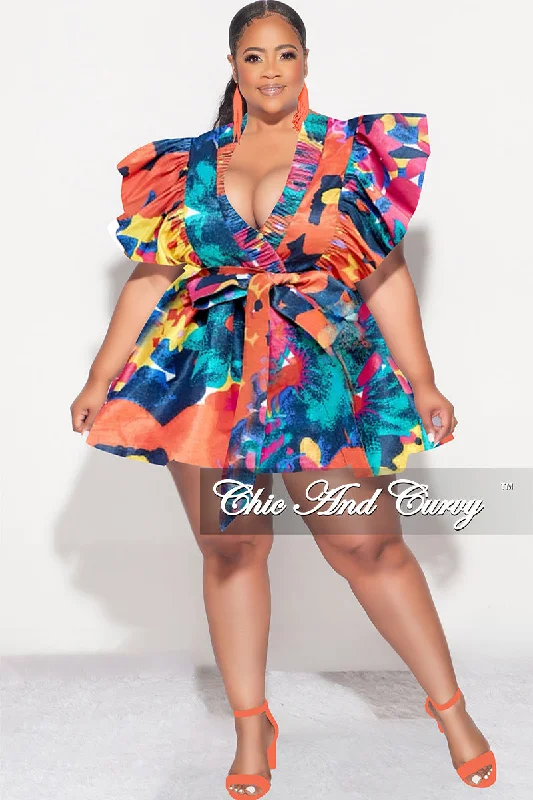 Final Sale Plus Size Ruffle Trim Babydoll Bubble Dress with Cutout Back in Dark Multi- PrintWomen's party tops