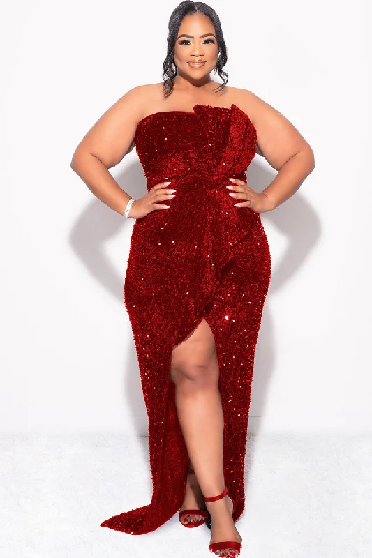 Final Sale Plus Size Strapless Pleated Ruffle Velvet & Sequin Gown with Front Slit in  RedKnit Tee