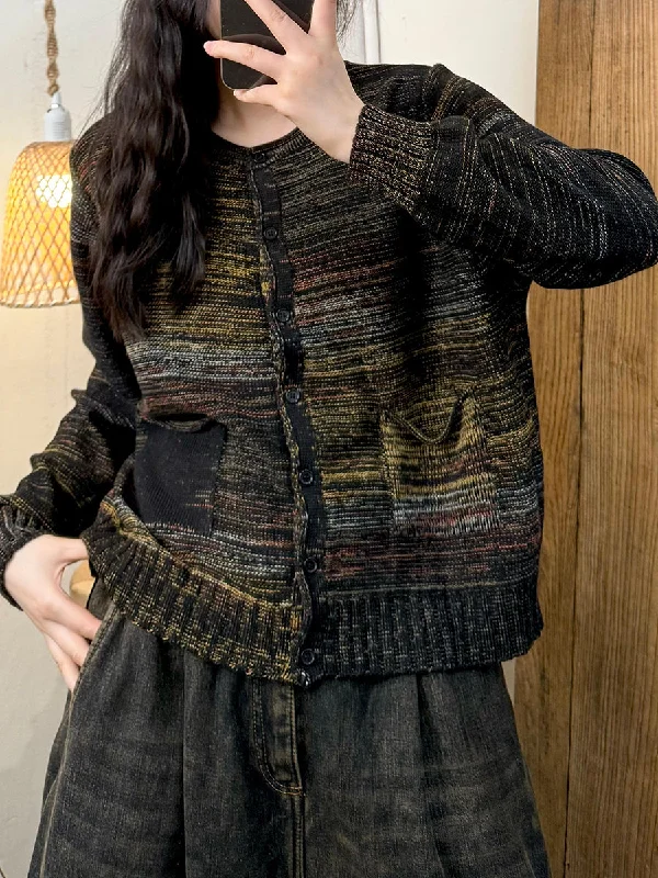 Women Autumn Vintage Colorblock O-Neck SweaterZippered Knit Tops