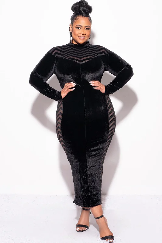 Final Sale Plus Size Midi Velvet Dress with See-Thru Mesh Sides & Chest in BlackLarge women's long tops