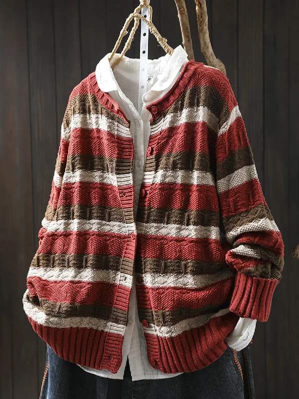 Women Autumn Colorblock Stripe O-Neck Cotton SweaterAthletic Knit Tops