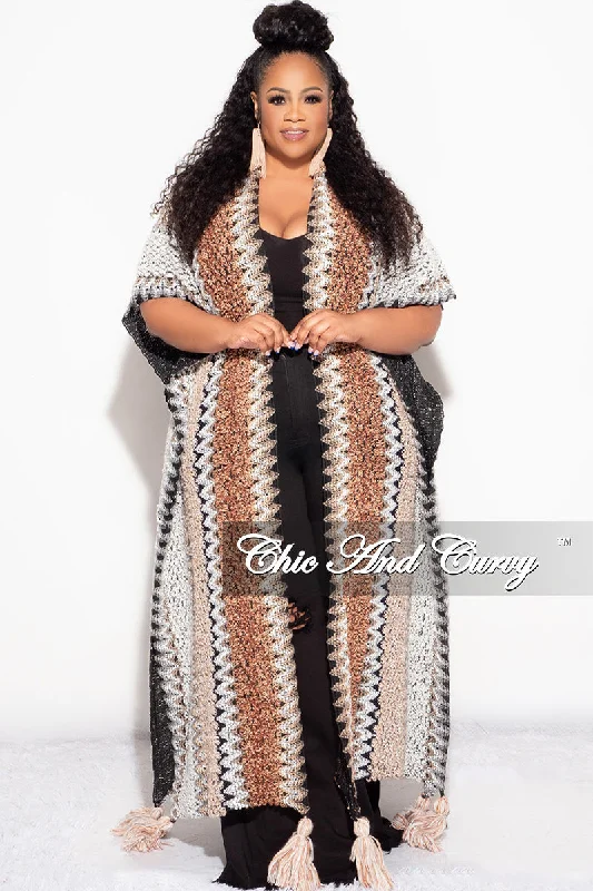 Final Sale Plus Size Knitted Cardigan with Bottom Tassels in Brown and BlackWomen's thick tops