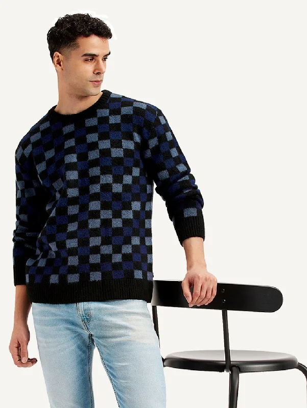 Men's Checkered Black Crew Neck SweaterRunning Knit Tops