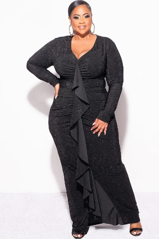 Final Sale Plus Size V-Neck Gown with Ruched Center & Ruffle in Black Glitter Lurex FabricWomen's fitness tops