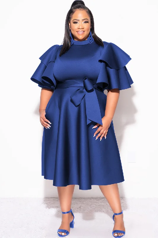 Final Plus Size Dress with Ruffle Sleeve and Tie in Royal Blue ScubaPlus size women's knitted tops