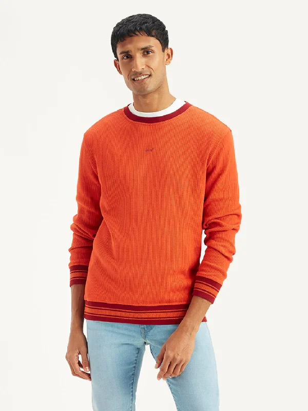 Men's Solid Orange Crew Neck SweaterSequined Knit Tops