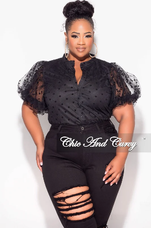 Final Sale Plus Size Sheer Collar Button Up Polka Dot Top in BlackPlus size women's elegant tops