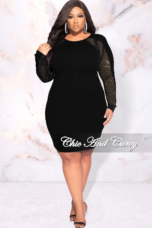 Final Sale Plus Size Rhinestone Sheer Sleeve BodyCon Dress in BlackLarge women's anti-static tops