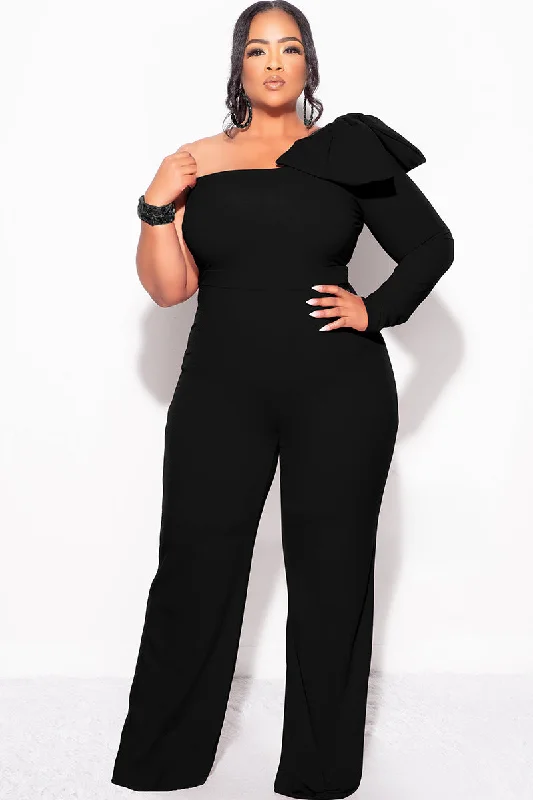 Final Sale Plus Size One Shoulder Long Sleeve Jumpsuit with Bow in BlackPlus size women's chiffon tops