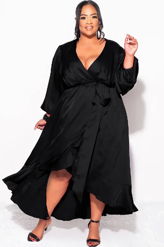 Final Sale Plus Size Faux Wrap Satin High-Low Dress with Waist Tie in BlackLarge women's loose tops