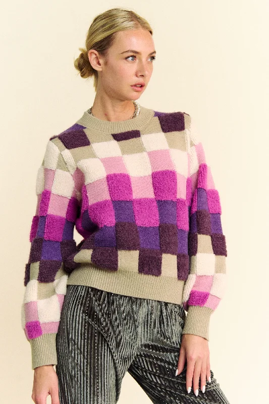 Purple Checkered Round Neck Long Sleeve SweaterAlpaca Knit Tops