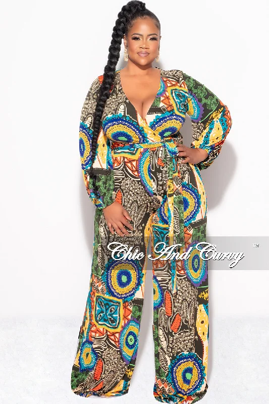 Final Sale Plus Size Faux Wrap Jumpsuit with Waist Tie in Multi Color Design PrintWomen's spring tops