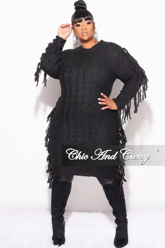 Final Sale Plus Size Fringe Sweater Dress in BlackLarge women's warm tops