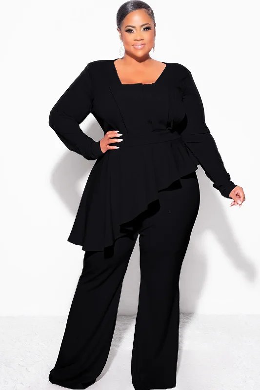 Final Sale Plus Size Asymmetrical Ruffle Peplum Jumpsuit in BlackLarge women's polyester tops