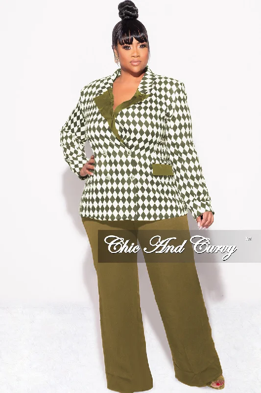 Final Sale Plus Size 2pc Pants Suit in Olive and White Diamond PrintWomen's party tops