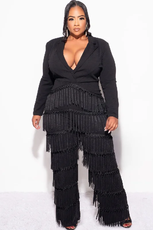 Final Sale Plus Size Collar Faux Wrap Fringe Jumpsuit in BlackLarge women's quick-drying tops