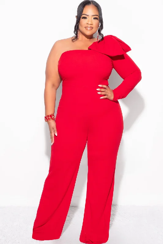 Final Sale Plus Size One Shoulder Long Sleeve Jumpsuit with Bow in RedPlus size women's silk tops