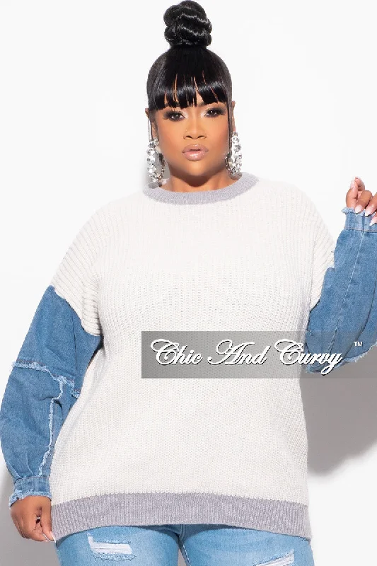 Final Sale Plus Size ColorBlock Wool Knitted Sweater in Denim and GreyLarge women's slim tops